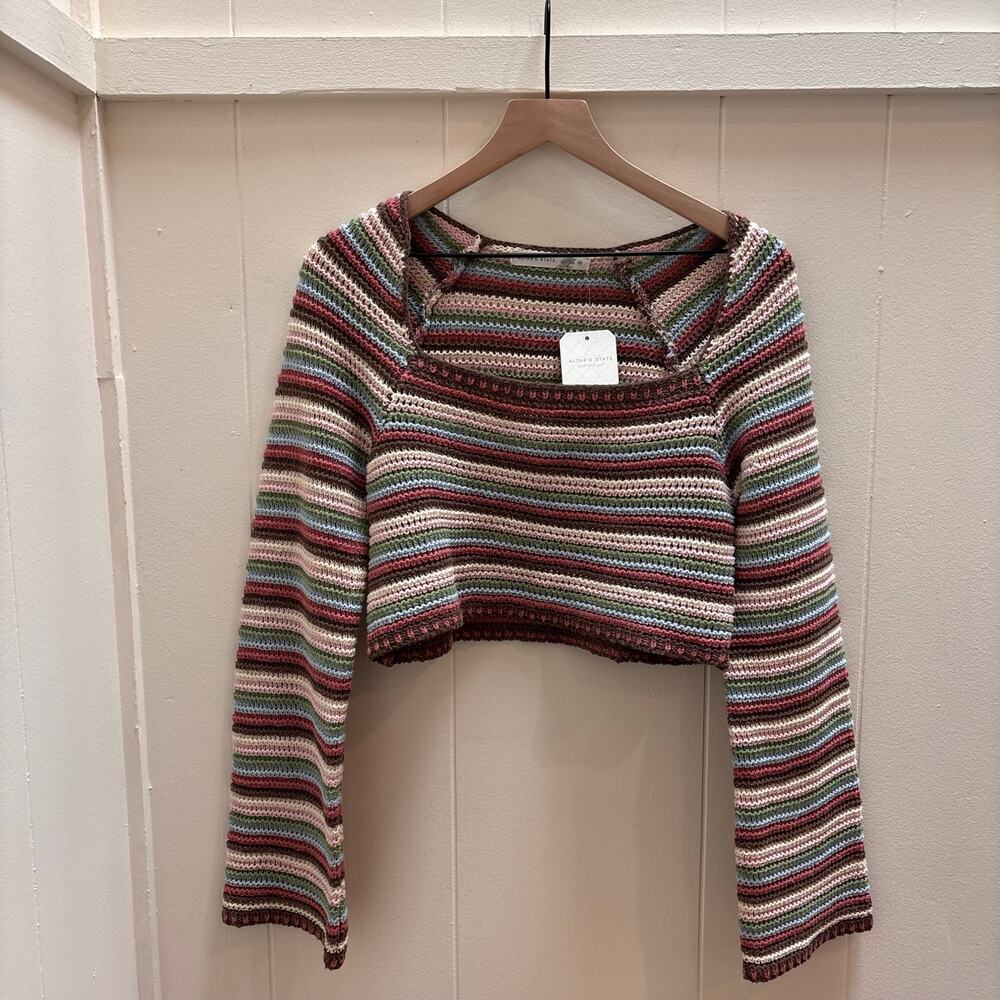 Altar’d State NWT Layla Striped Crochet Cropped Sweater Top M boho festival - Picture 2 of 5